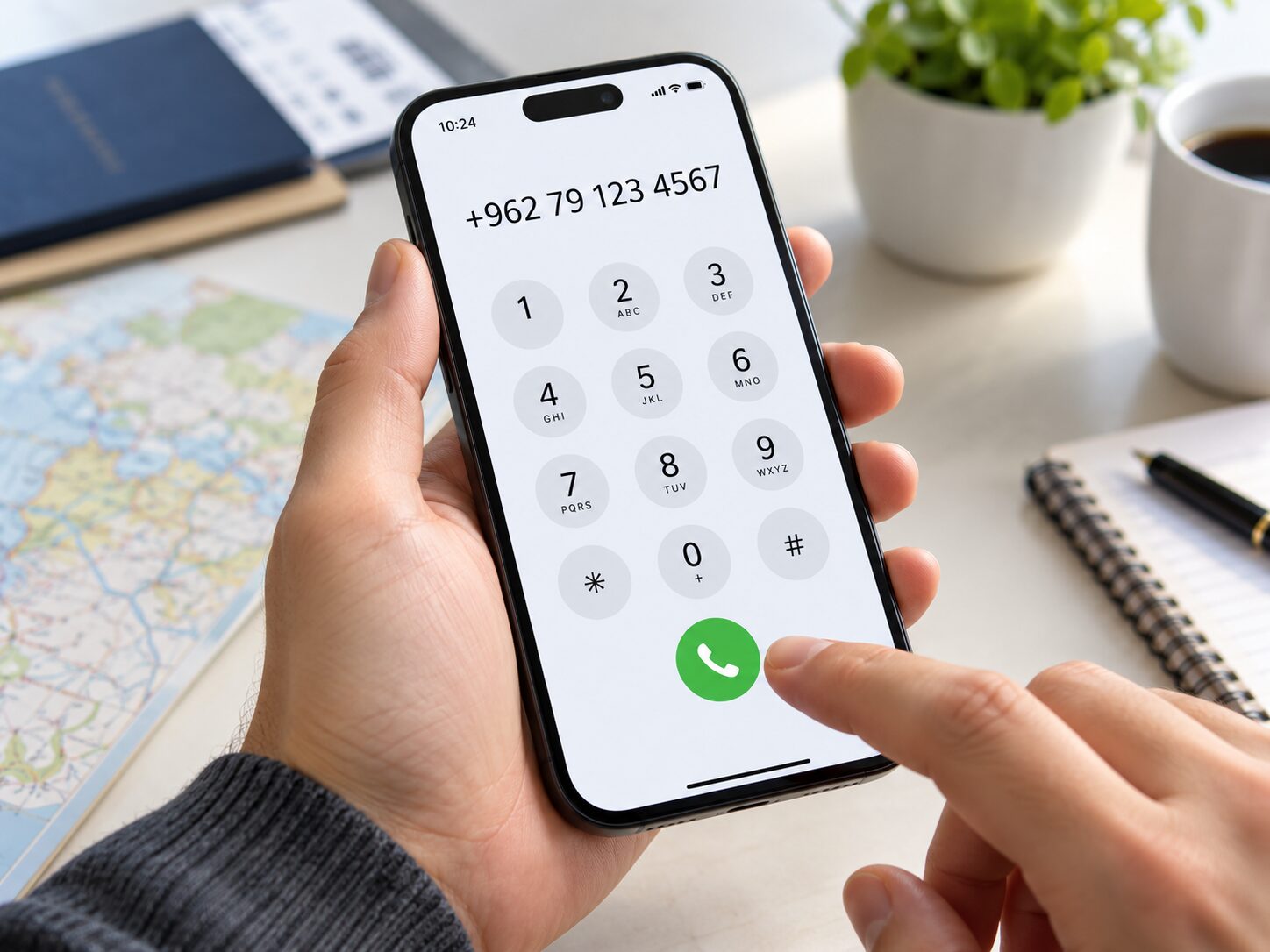 スマートフォンの電話アプリで+962から始まるヨルダンの国際電話番号を入力している手元の写真。国際電話のかけ方が分かる無料素材