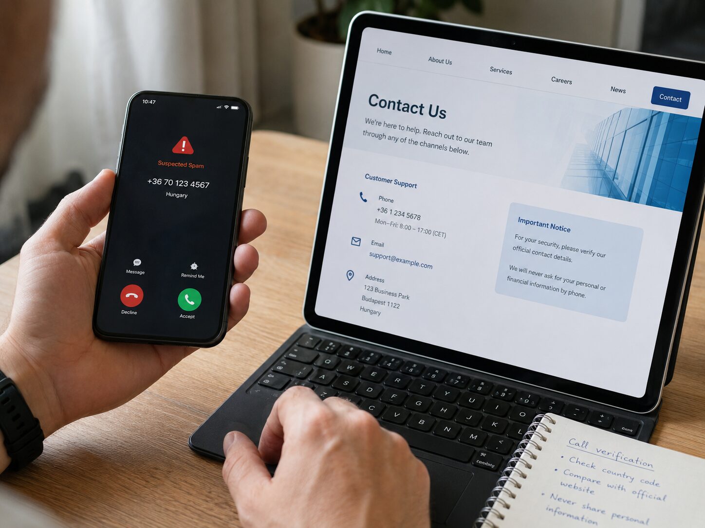 スマートフォンに表示された+36からの不審な着信を見ながら企業の公式サイトで電話番号を確認している人物の写真