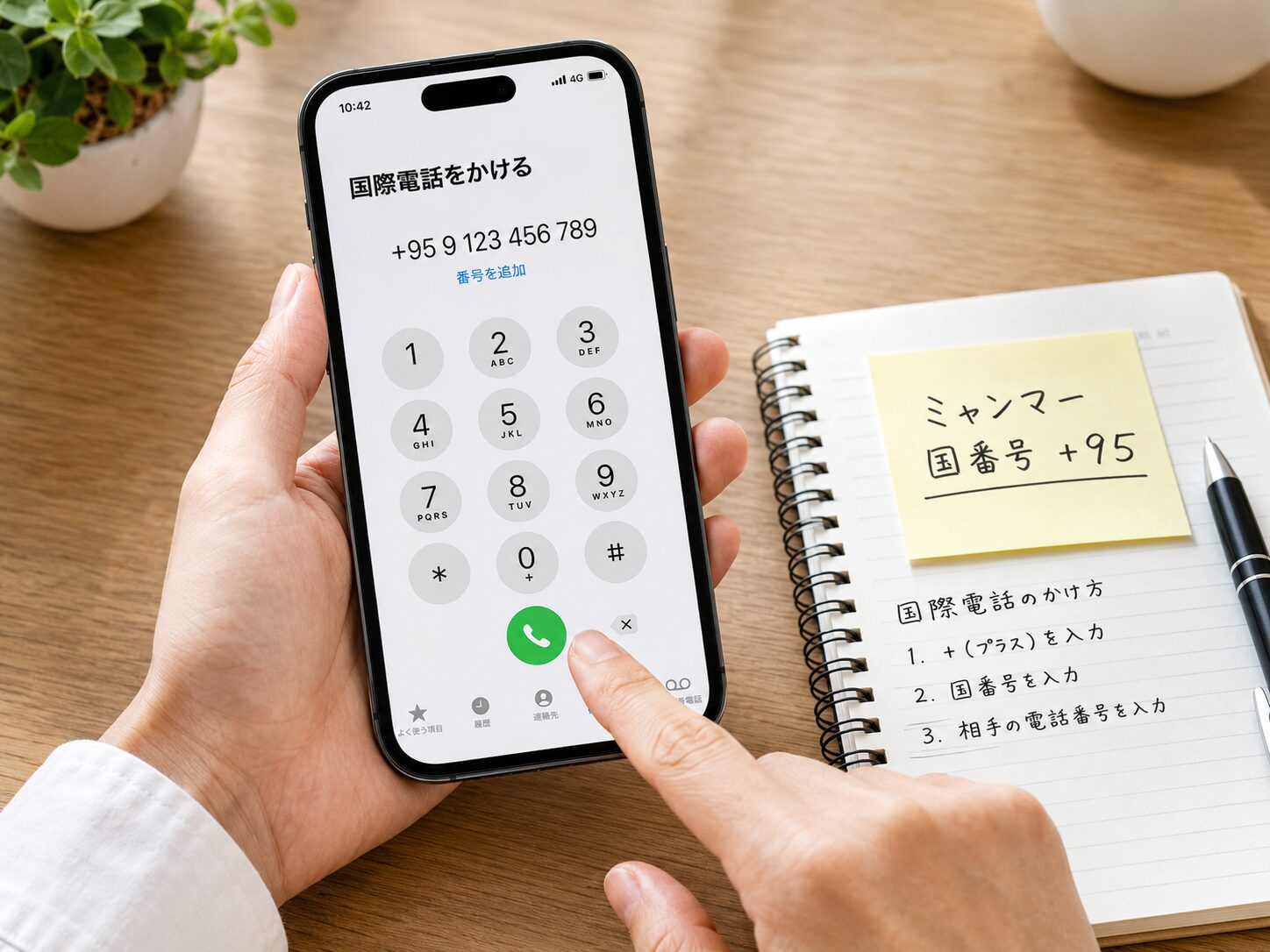スマートフォンでミャンマーの国番号+95を入力して国際電話をかけるイメージ