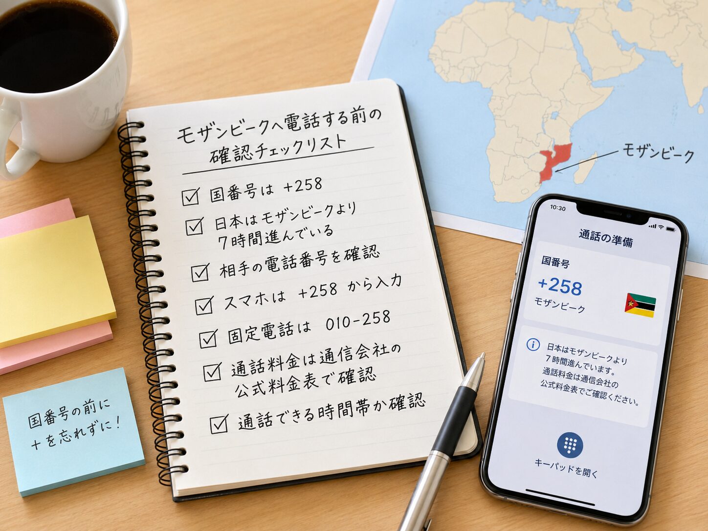 モザンビークへ電話する前に国番号や時差や料金を確認しているチェックリストのイメージ
