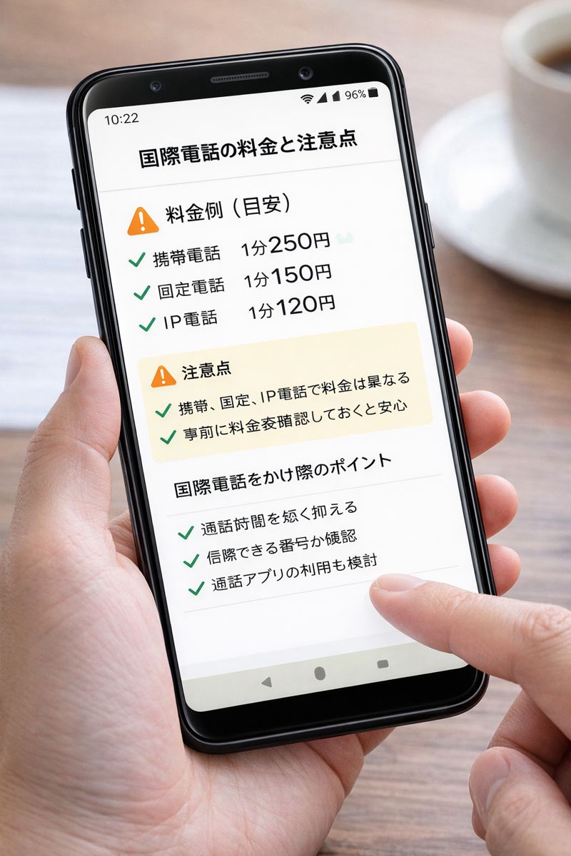 国際電話の料金や注意点を確認しているスマートフォン画面のイメージ画像（無料素材）