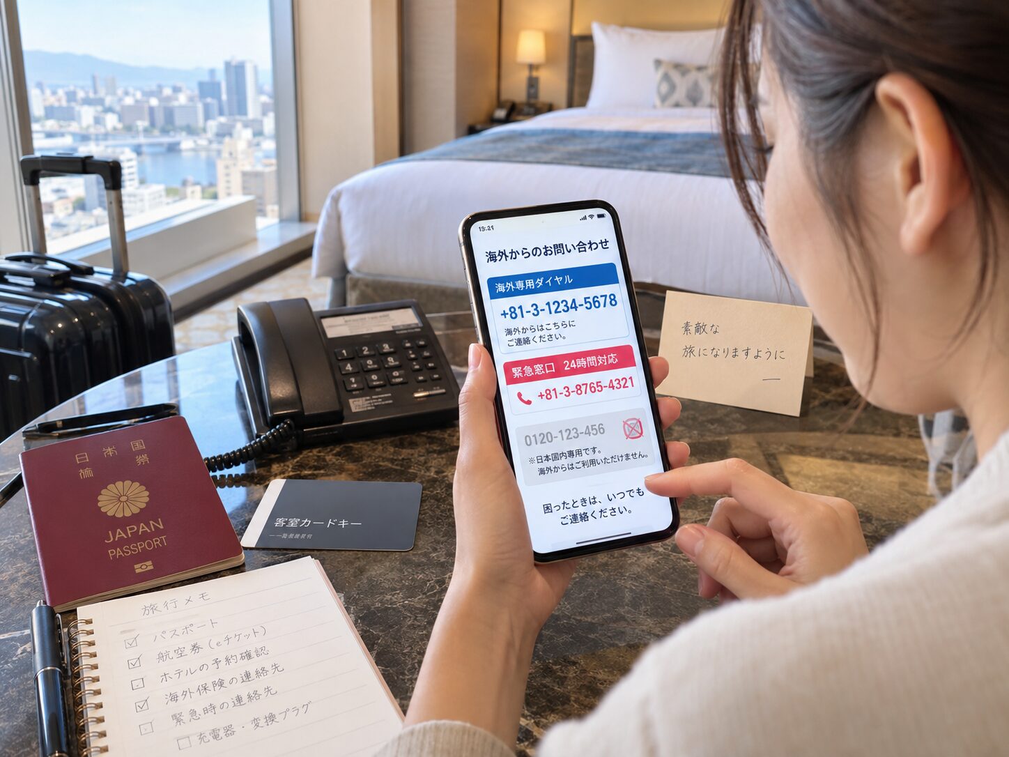 海外のホテルで旅行者が日本企業の0120番号ではなく海外向け+81番号や緊急窓口をスマートフォンで探している写真