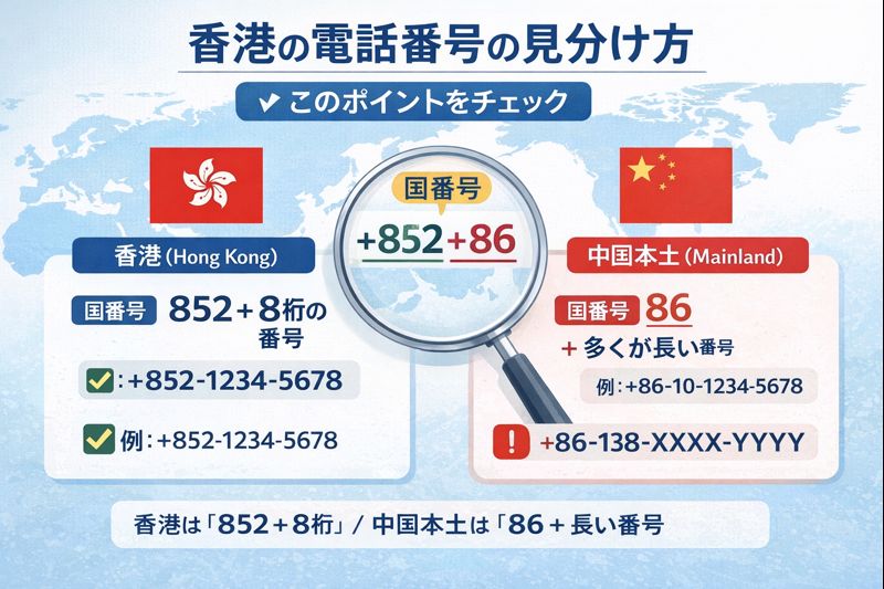 香港の電話番号の見分け方（国番号852＋8桁、中国本土は86＋桁数が長いなど）を説明する図解イメージ