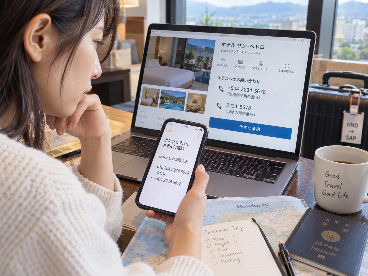 ホンジュラスのホテル予約ページにある+504付き電話番号と8桁だけの電話番号を比較し、日本からのかけ方を確認している旅行者の写真。