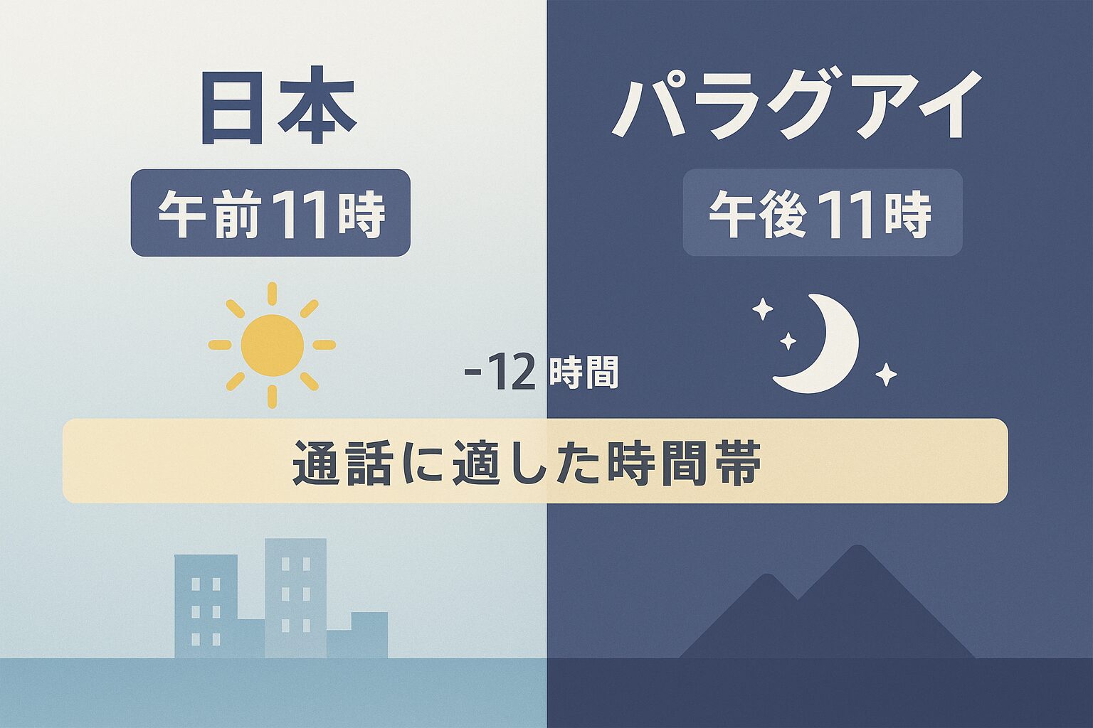 日本とパラグアイの時差を示す図。日本の昼とパラグアイの夜を対比し、通話に適した時間帯を色分けしたフラットデザイン。