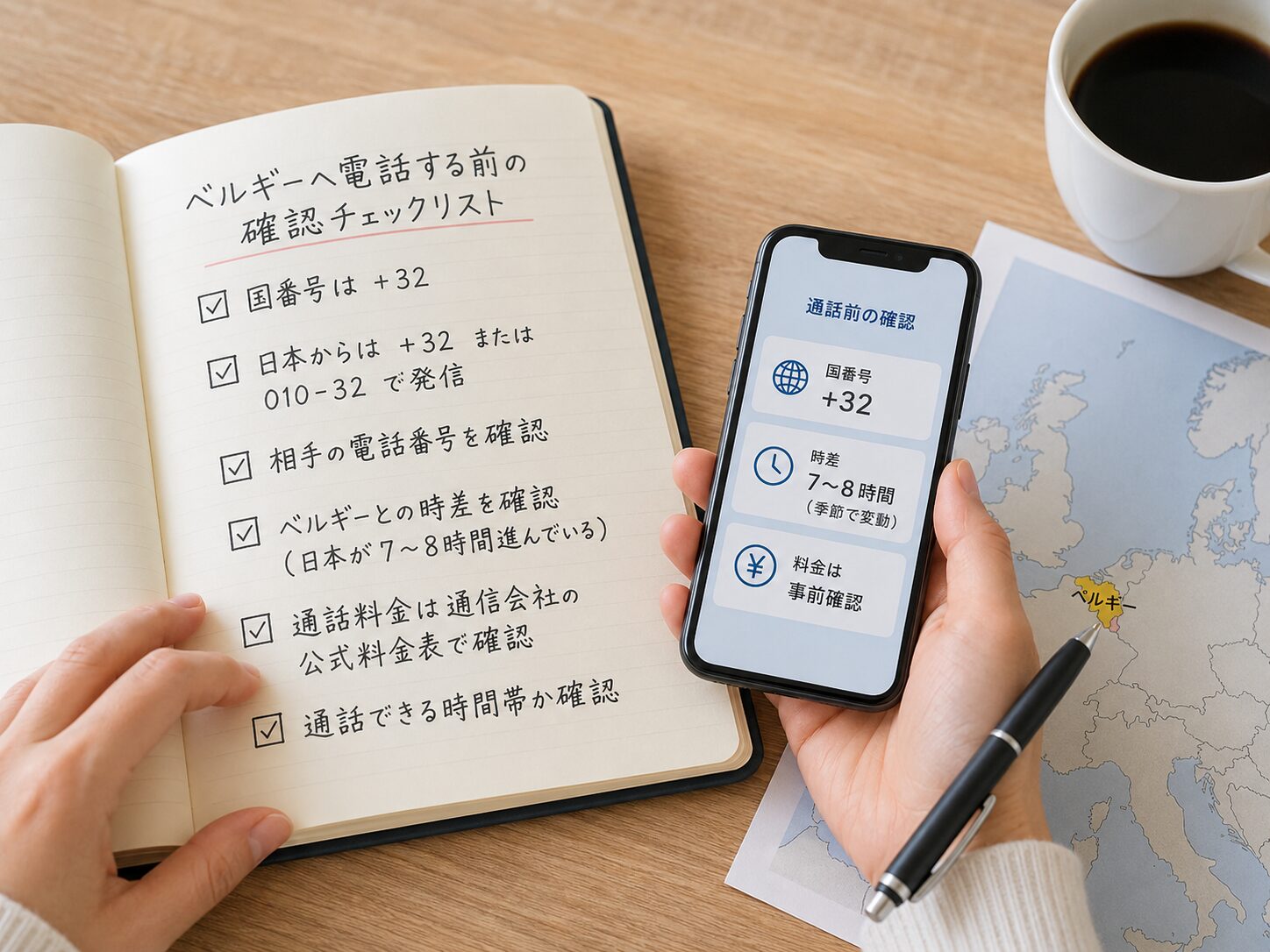 ベルギーへ電話する前に国番号と時差と料金をチェックしているイメージ