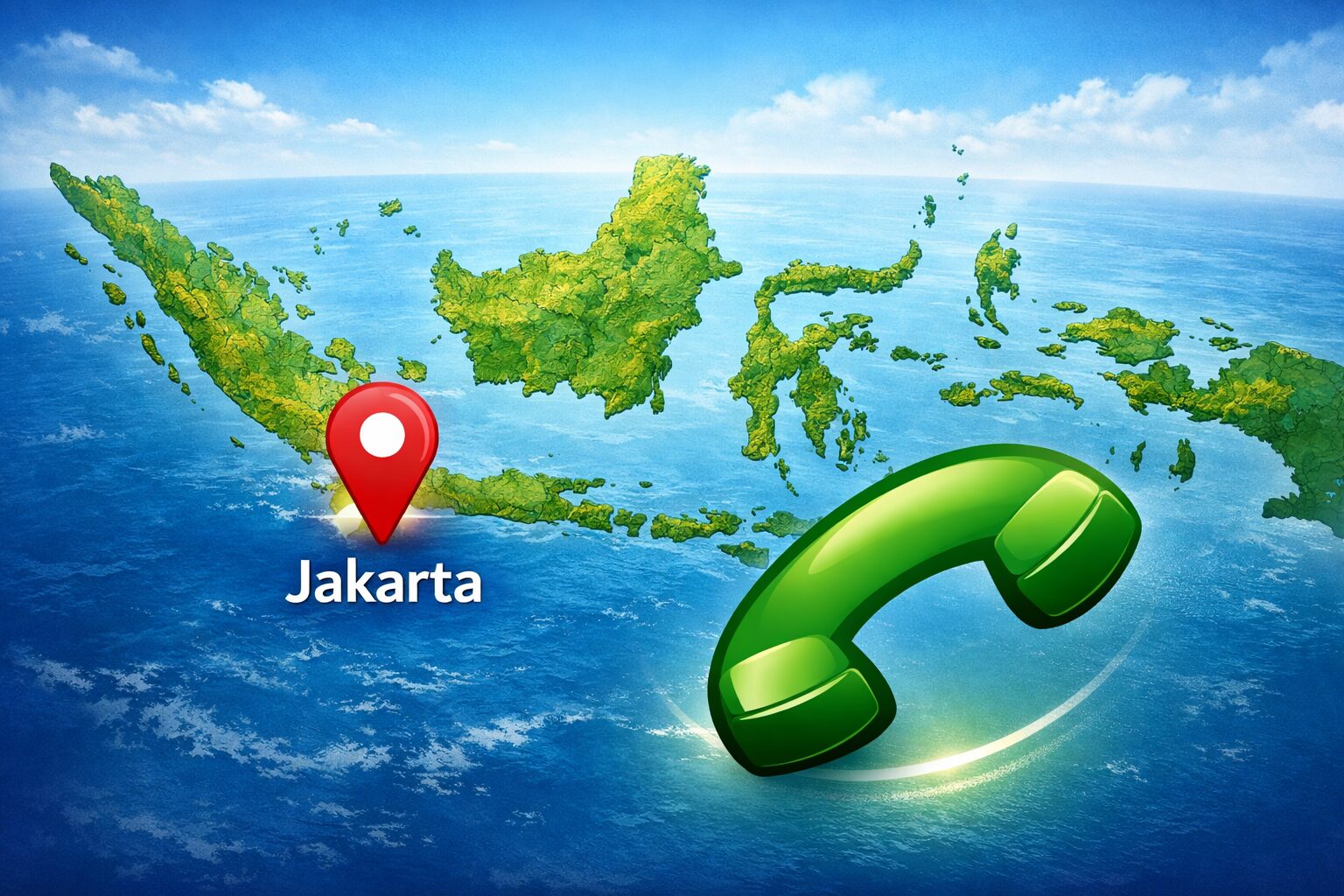 インドネシアの地図とジャカルタの位置、電話アイコンを組み合わせたイメージ（無料素材向け）