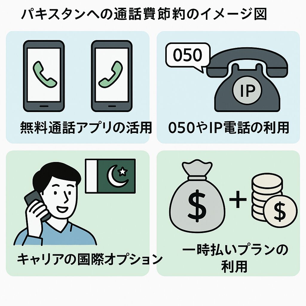 パキスタンへの通話費節約のイメージ図。アプリ・IP電話・キャリアプランを並べて比較する図表風イラスト。