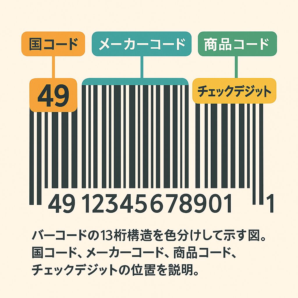 バーコードの13桁構造を色分けして示す図。国コード、メーカーコード、商品コード、チェックデジットの位置を説明。