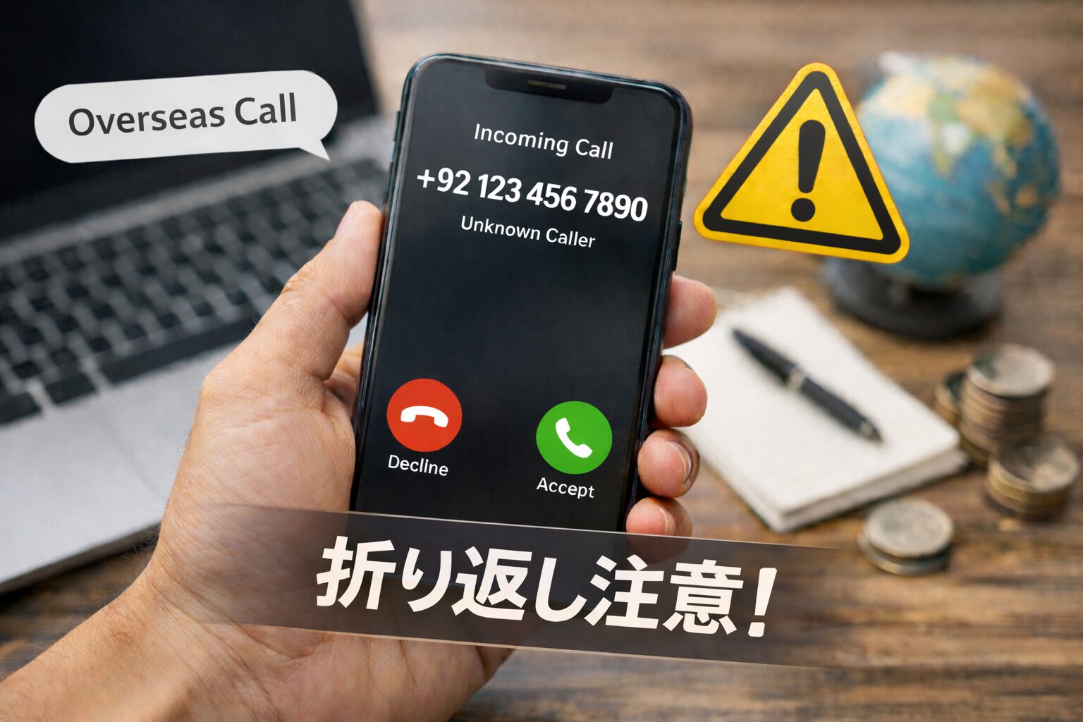 見知らぬ海外番号の着信に注意するイメージ画像を入れる。スマホ画面に+92から始まる着信表示があり、折り返し注意の雰囲気が伝わる無料素材写真が望ましい。