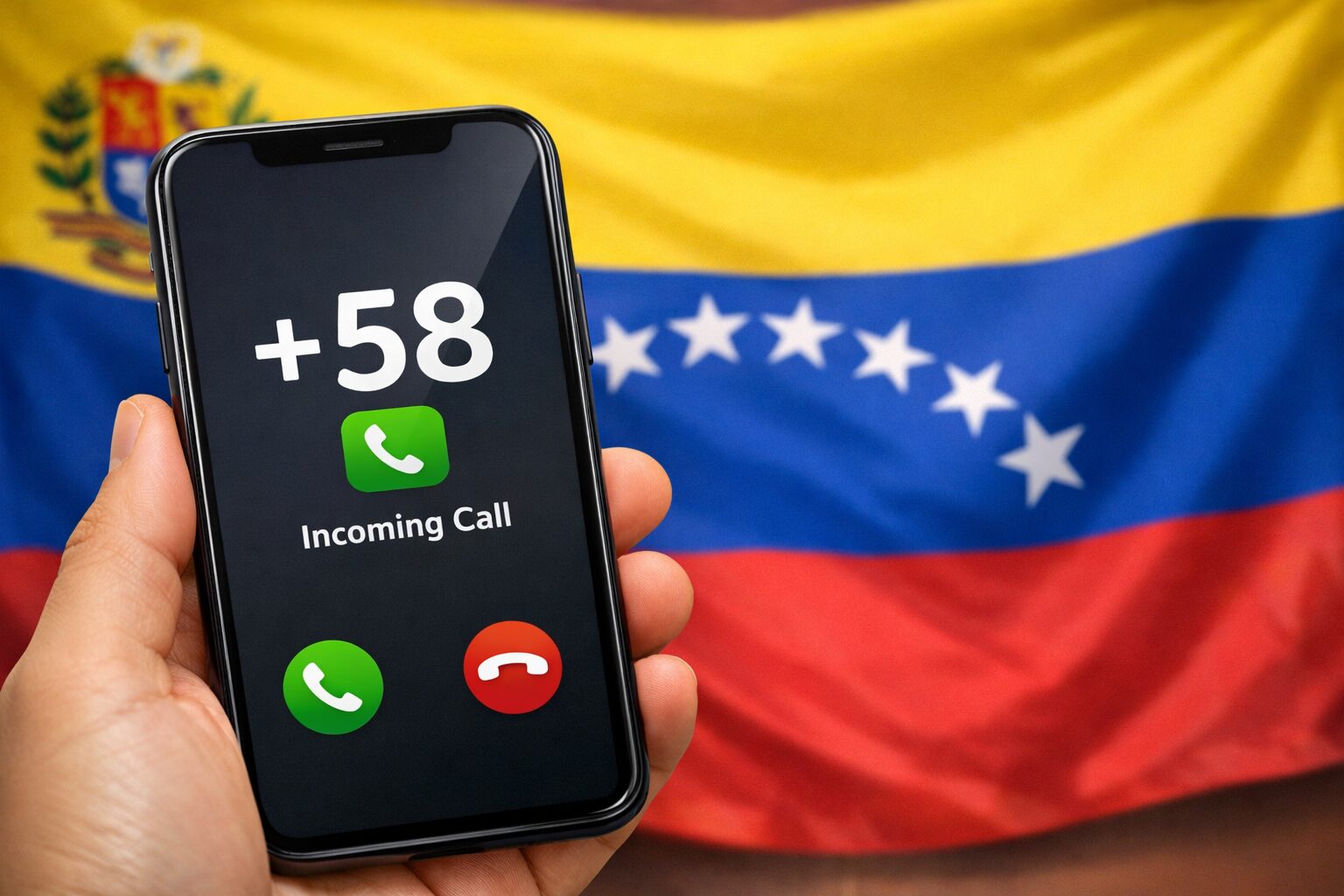 スマートフォンに国番号+58が表示され、背景にベネズエラ国旗があるイメージ。国際電話を連想できる無料素材向け画像。