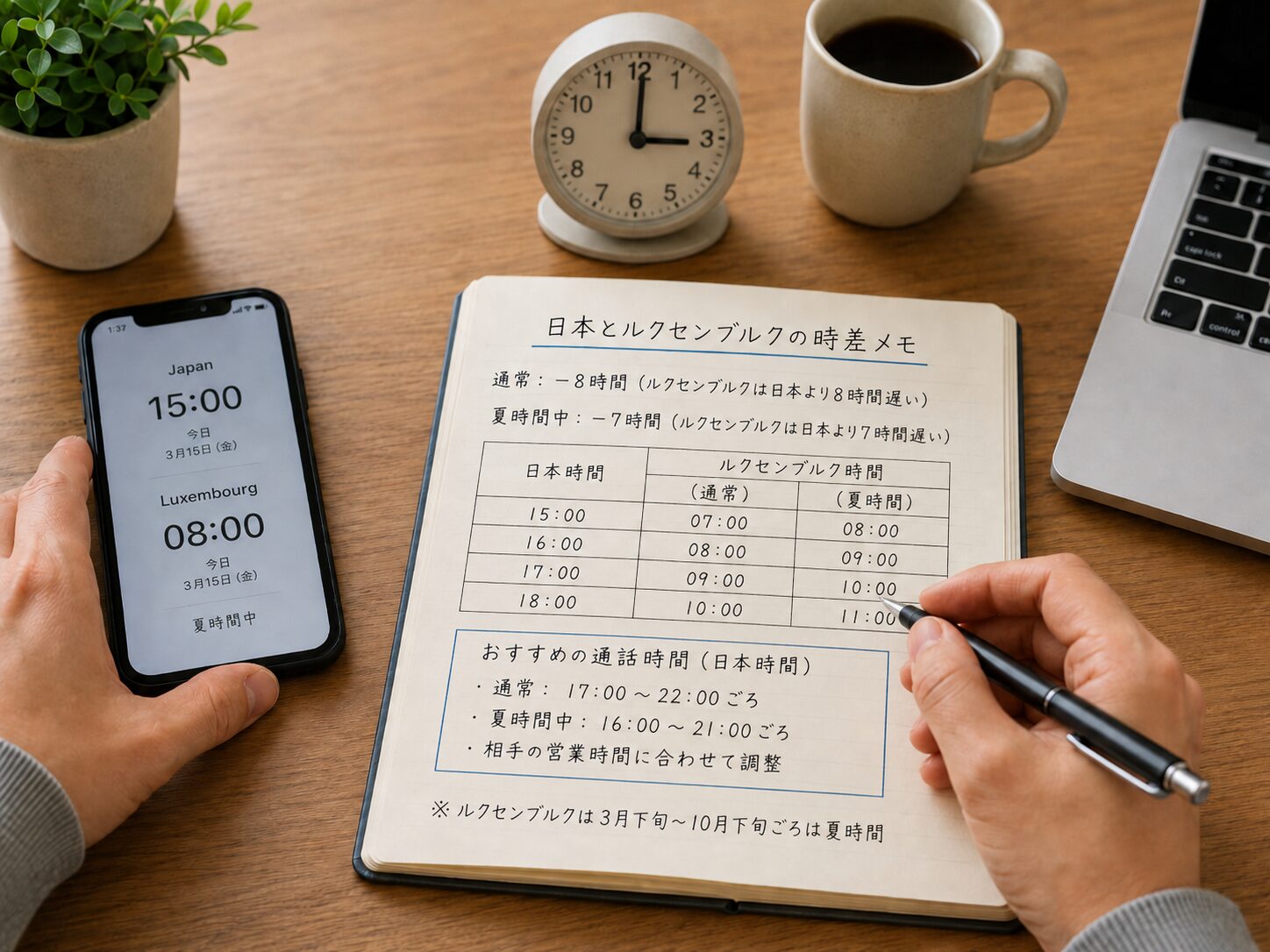 日本とルクセンブルクの時差を確認しながら国際電話の時間を決めている写真