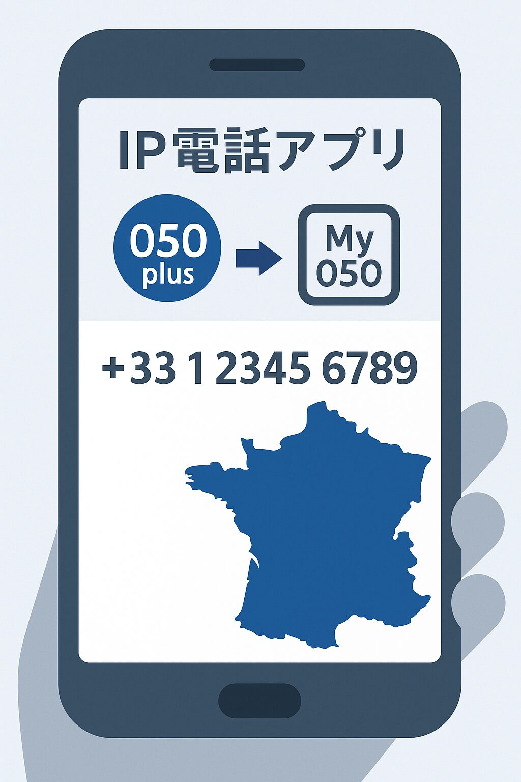 スマートフォンでIP電話アプリ(050plusやMy050)を使ってフランスへ発信しているイメージ図。青とグレーのフラットデザイン。