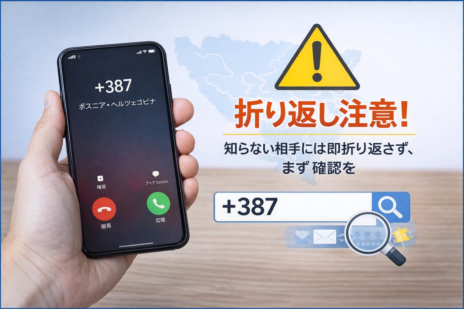 スマートフォンに+387からの着信が表示され、折り返し注意をイメージできる無料写真や警告風の図解を中央に配置