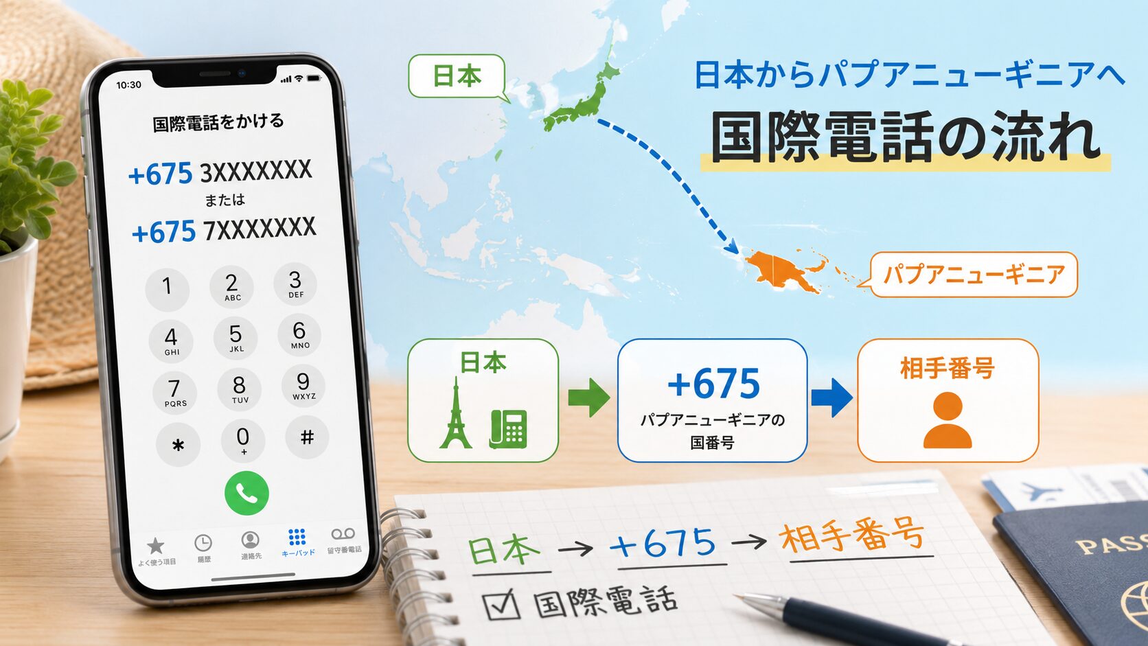 日本からパプアニューギニアへ+675で国際電話をかける流れをスマートフォンと地図で示したイメージ画像