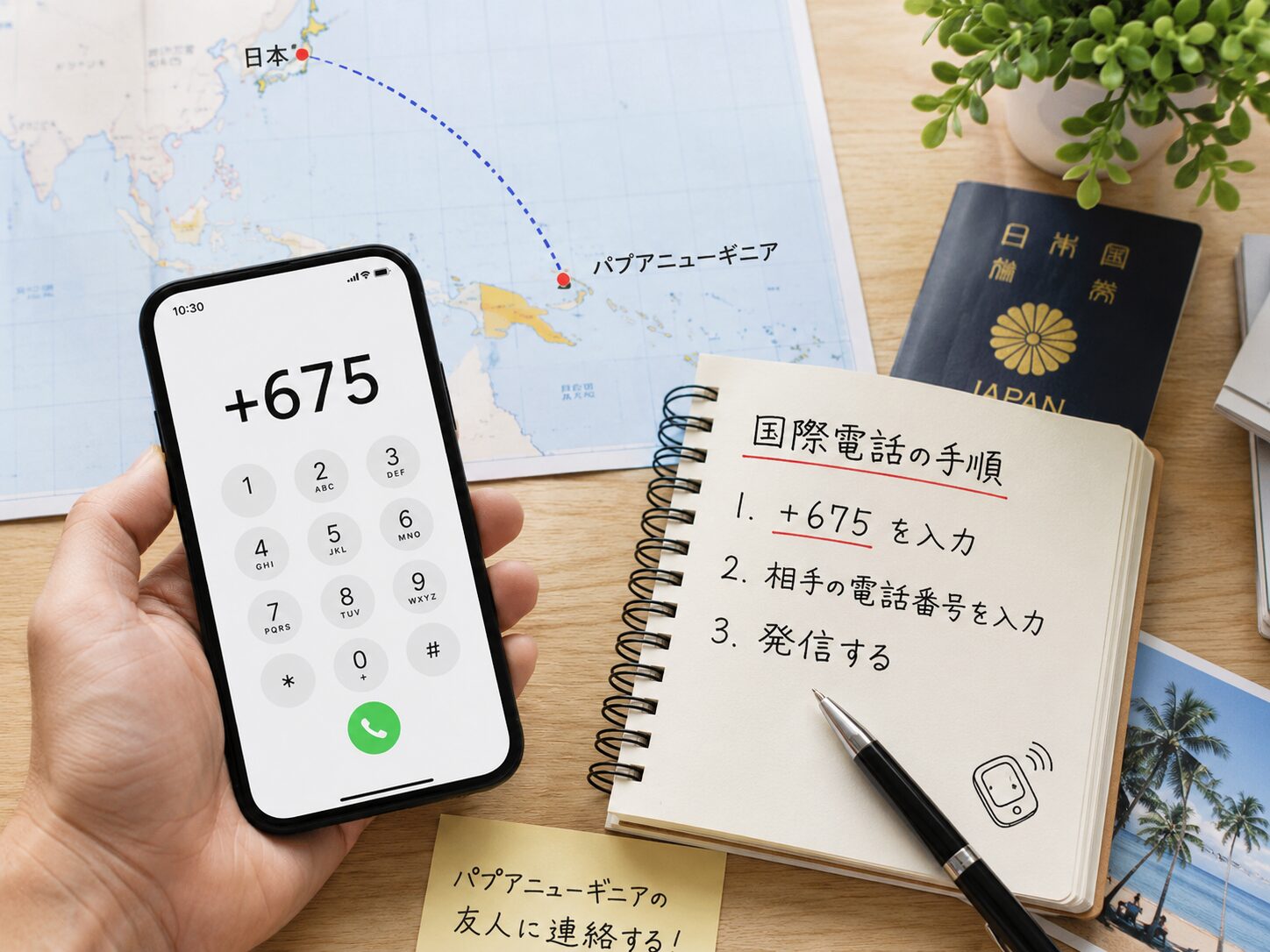 スマートフォンで+675を入力し日本からパプアニューギニアへ国際電話をかける手順を確認している写真