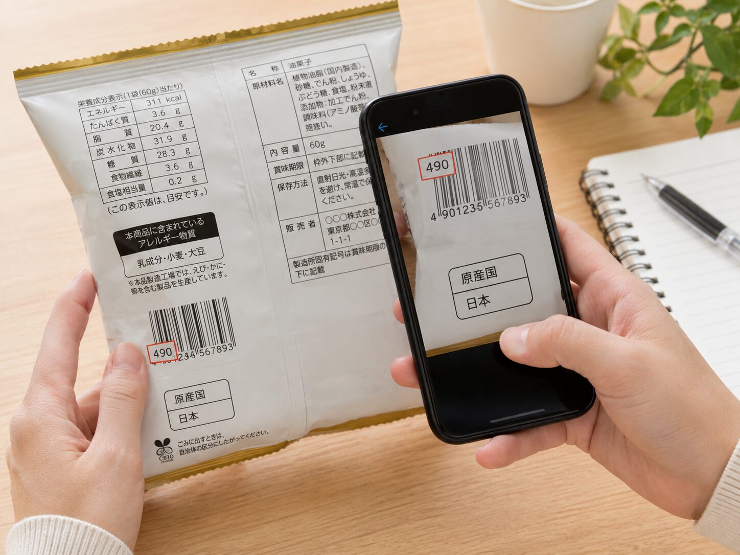 スマホで商品パッケージのバーコード先頭3桁と原産国表示を確認しているイメージ。無料写真素材で、通販購入前の確認、商品ラベル、バーコード、スマホ画面が自然に写った画像を使用する