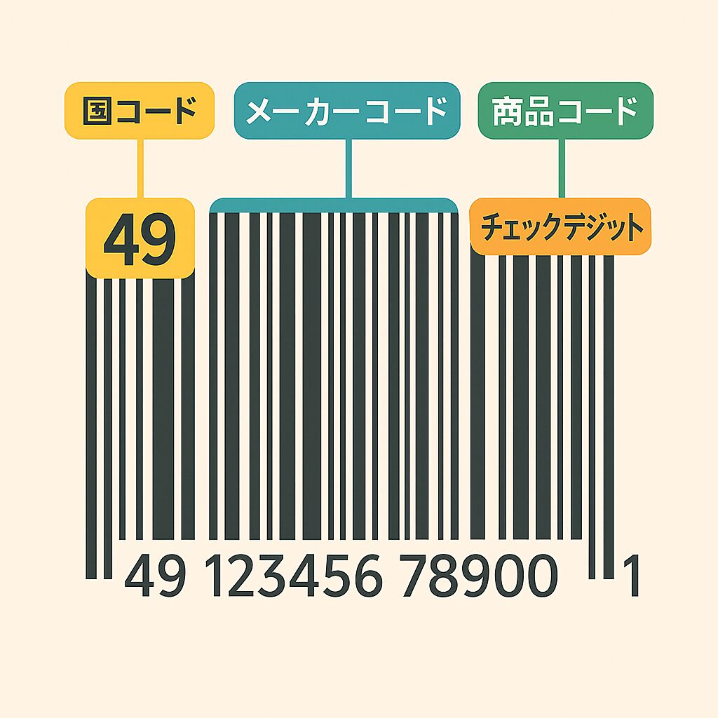 バーコードの構造を示す図。先頭の「45」「49」が国番号として強調されているフラットデザインのイラスト。