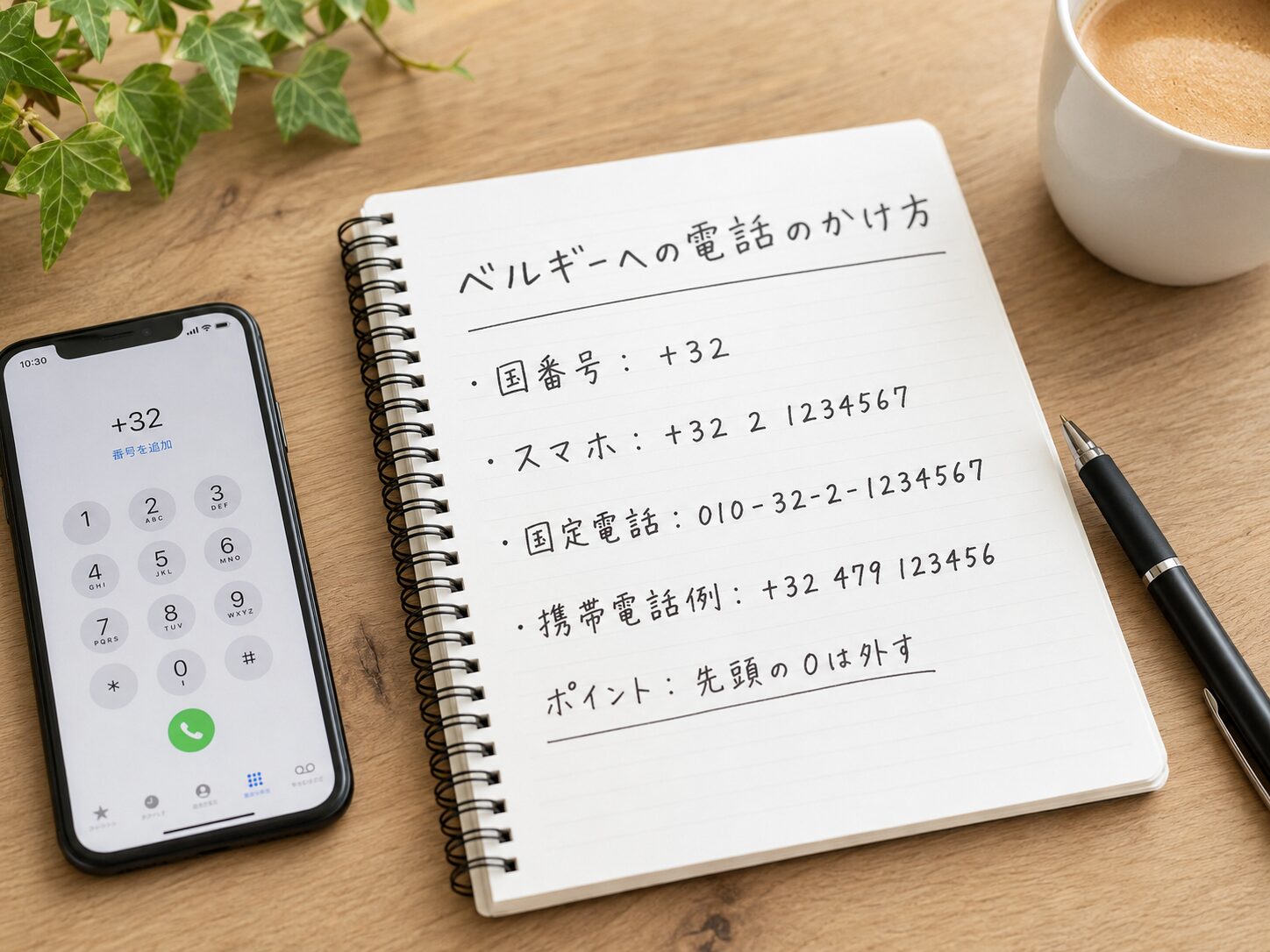 日本からベルギーへ電話をかける番号の並びをノートに整理しているイメージ