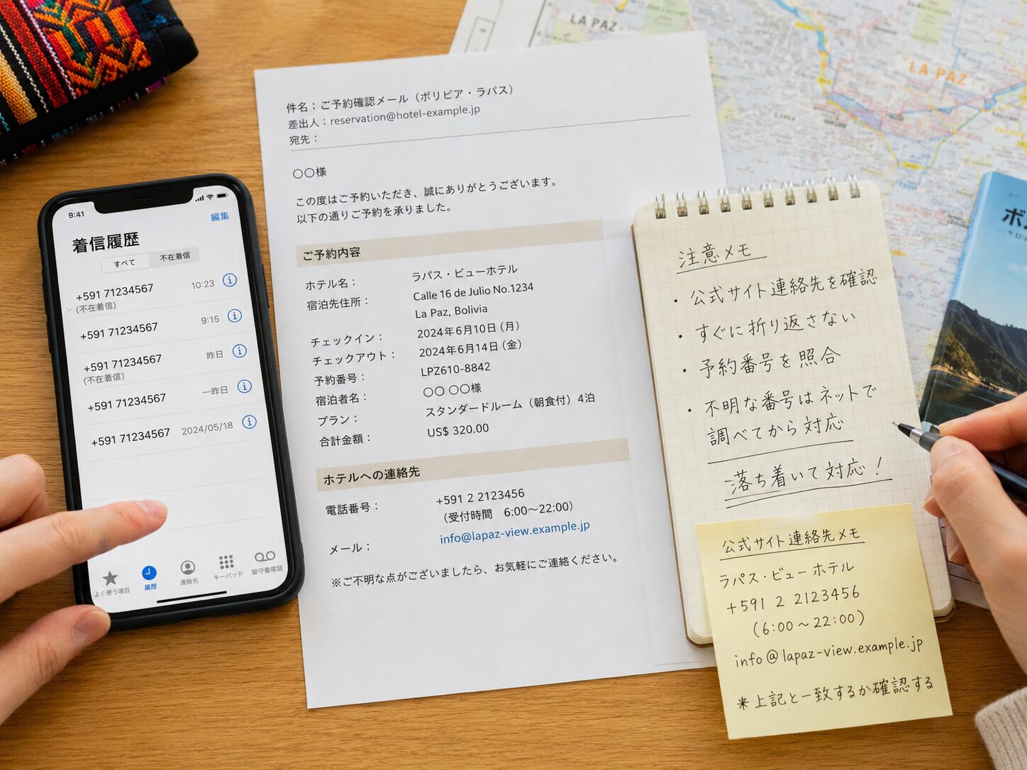 スマートフォンに+591から始まる着信履歴が表示され、横に公式サイトの連絡先と注意メモを並べて照合しているイメージ。無料写真素材で、スマホ、着信履歴、旅行予約メール、メモが自然に写った画像を使用する