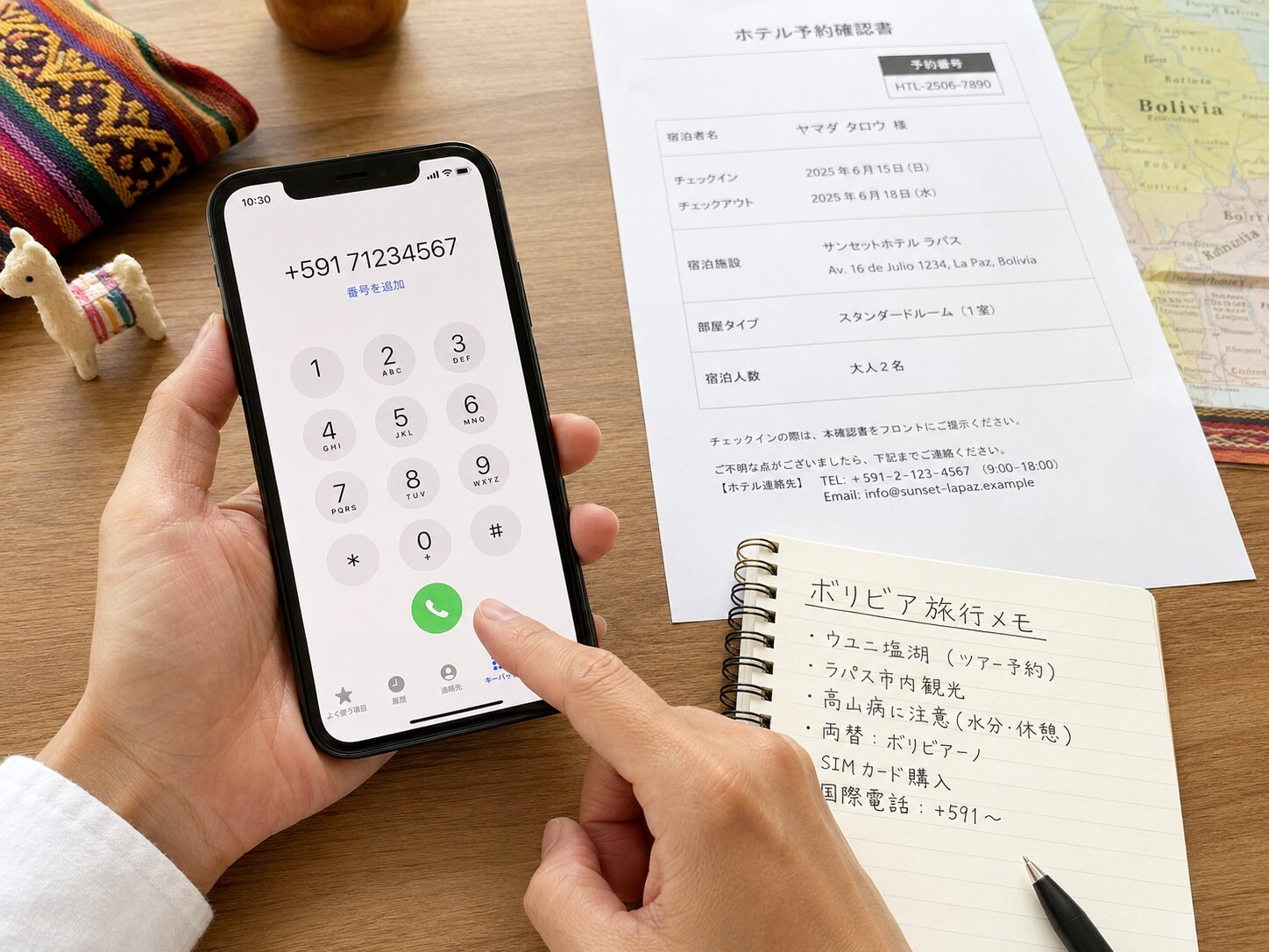 スマートフォンのダイヤル画面に+591から始まる番号を入力し、横にボリビア旅行メモとホテル予約書類が置かれているイメージ。無料写真素材で、スマホ、手元、国際電話番号、旅行メモが自然に写った画像を使用する