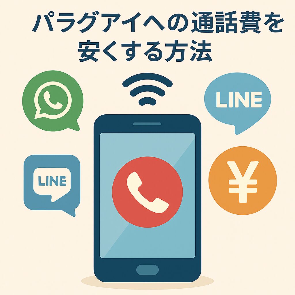 パラグアイへの通話費節約をイメージした図。スマホとアプリのアイコン、Wi-Fiマークを組み合わせたフラットデザイン。