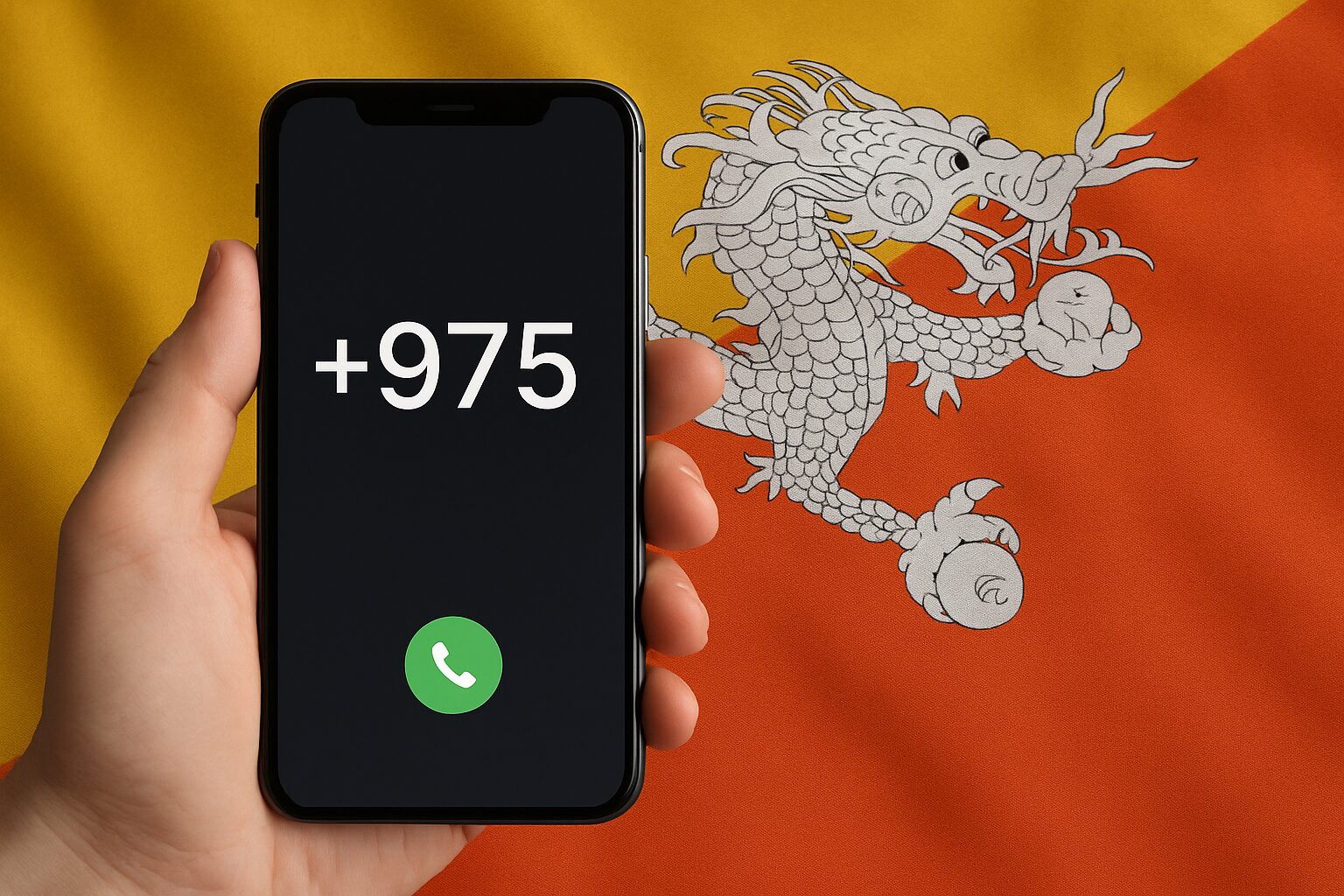 日本からブータンに電話をかけるイメージ。スマートフォンの画面に+975が表示され、背景にブータンの国旗が映る写真。