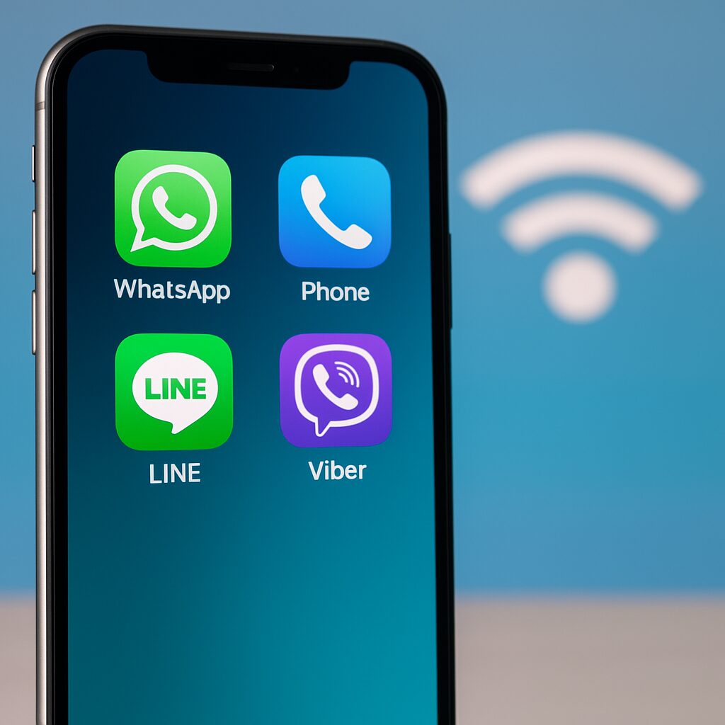 WhatsAppやLINEなどの無料通話アプリのアイコンを並べたイメージ画像。スマートフォン画面とWi-Fiマークが背景にある。