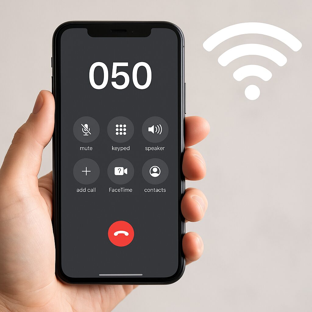 スマートフォンでIP電話アプリを使って通話しているイメージ。050番号の画面とWi-Fiアイコンが表示されている。