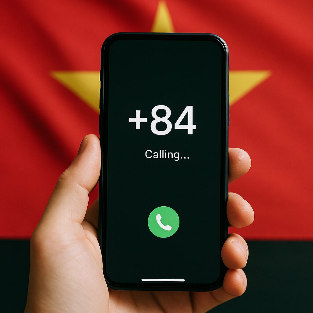 日本からベトナムに電話をかけるイメージ。スマートフォン画面に+84が表示され、背景にベトナム国旗がある写真。
