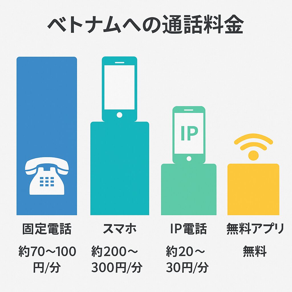 ベトナムへの通話料金を比較する図。固定電話・スマホ・IP電話・無料アプリの料金差を示すグラフ。
