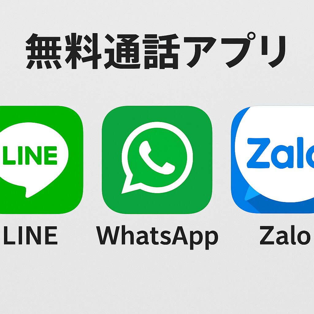 LINE、WhatsApp、Zaloのアプリアイコンを並べた無料通話アプリ比較イメージ。
