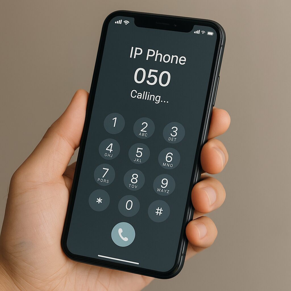 スマートフォンでIP電話アプリを使って050番号で通話しているイメージ。