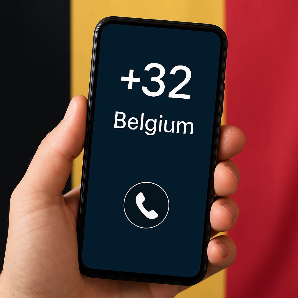 スマートフォンに+32が表示され、背景にベルギー国旗が映る通話イメージ