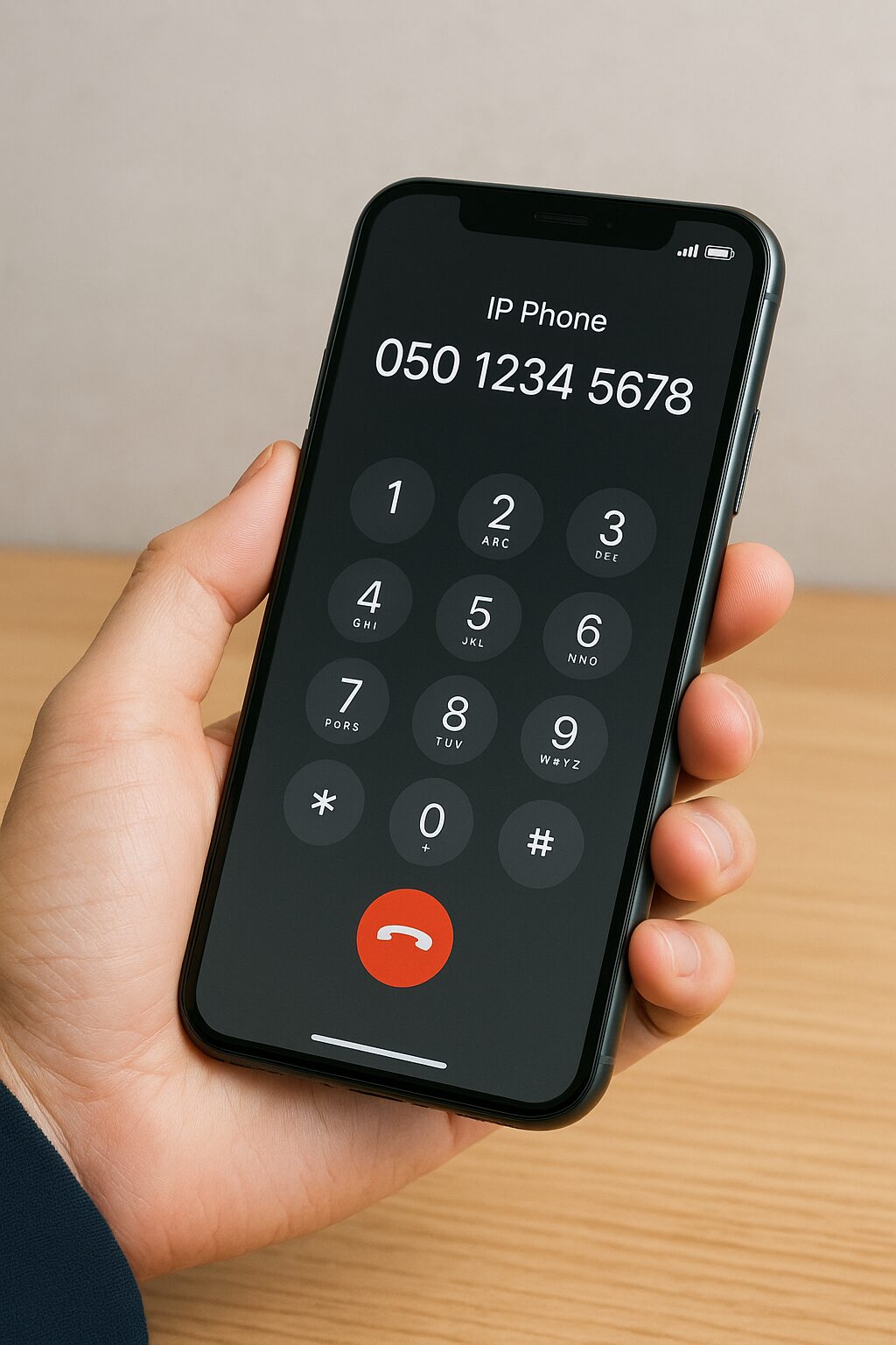 スマートフォンでIP電話アプリを使って通話しているイメージ