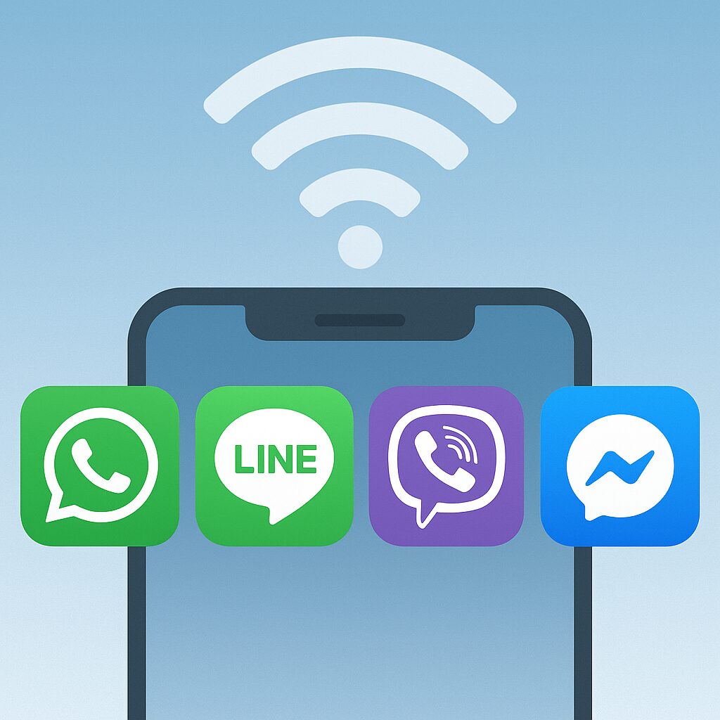 WhatsAppやLINEなど無料通話アプリのアイコンが並ぶイメージ。Wi-Fiマークとスマホ画面が背景にある