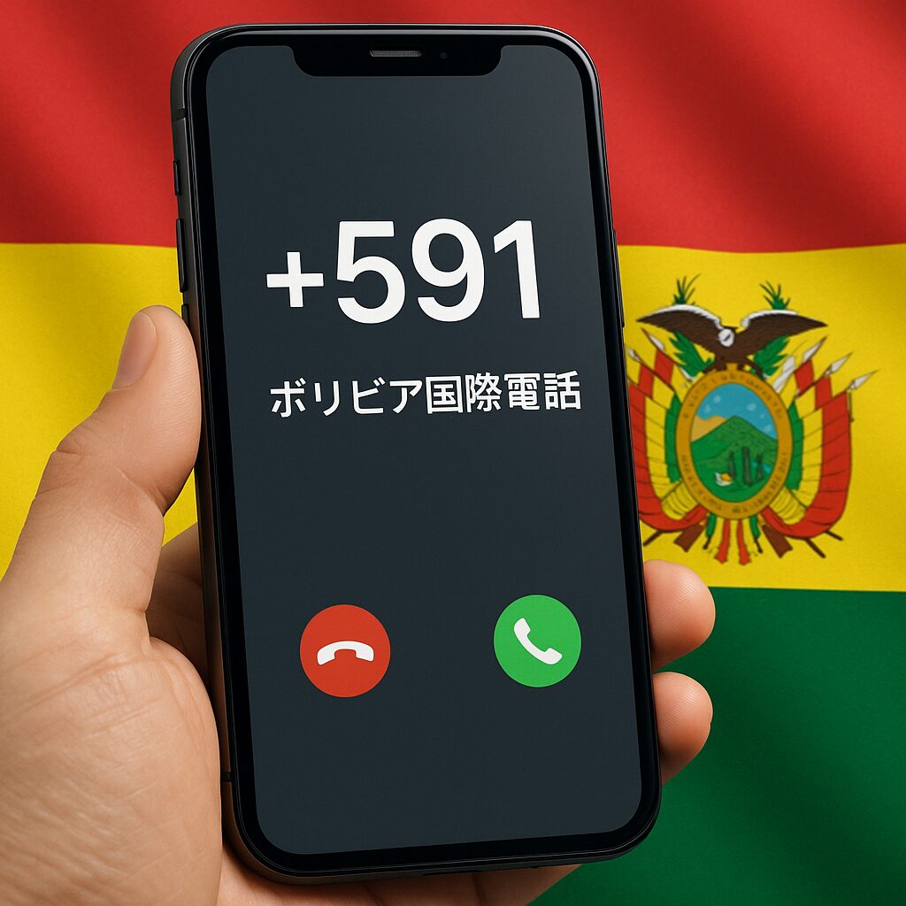 スマートフォンに+591が表示され、背景にボリビア国旗がある通話イメージ