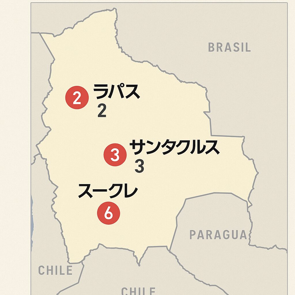 ボリビアの主要都市(ラパス、サンタクルス、コチャバンバ、スークレ)の地図と市外局番を示した図。