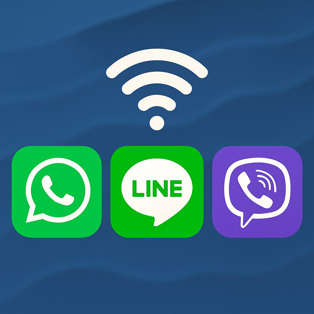 WhatsApp、LINE、Viberなどの無料通話アプリアイコンとWi-Fiマークのイメージ。