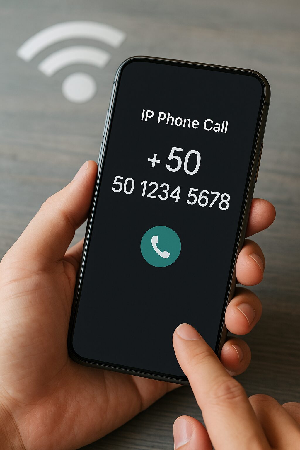 スマートフォンでIP電話アプリを使って050番号で通話しているイメージ画像。