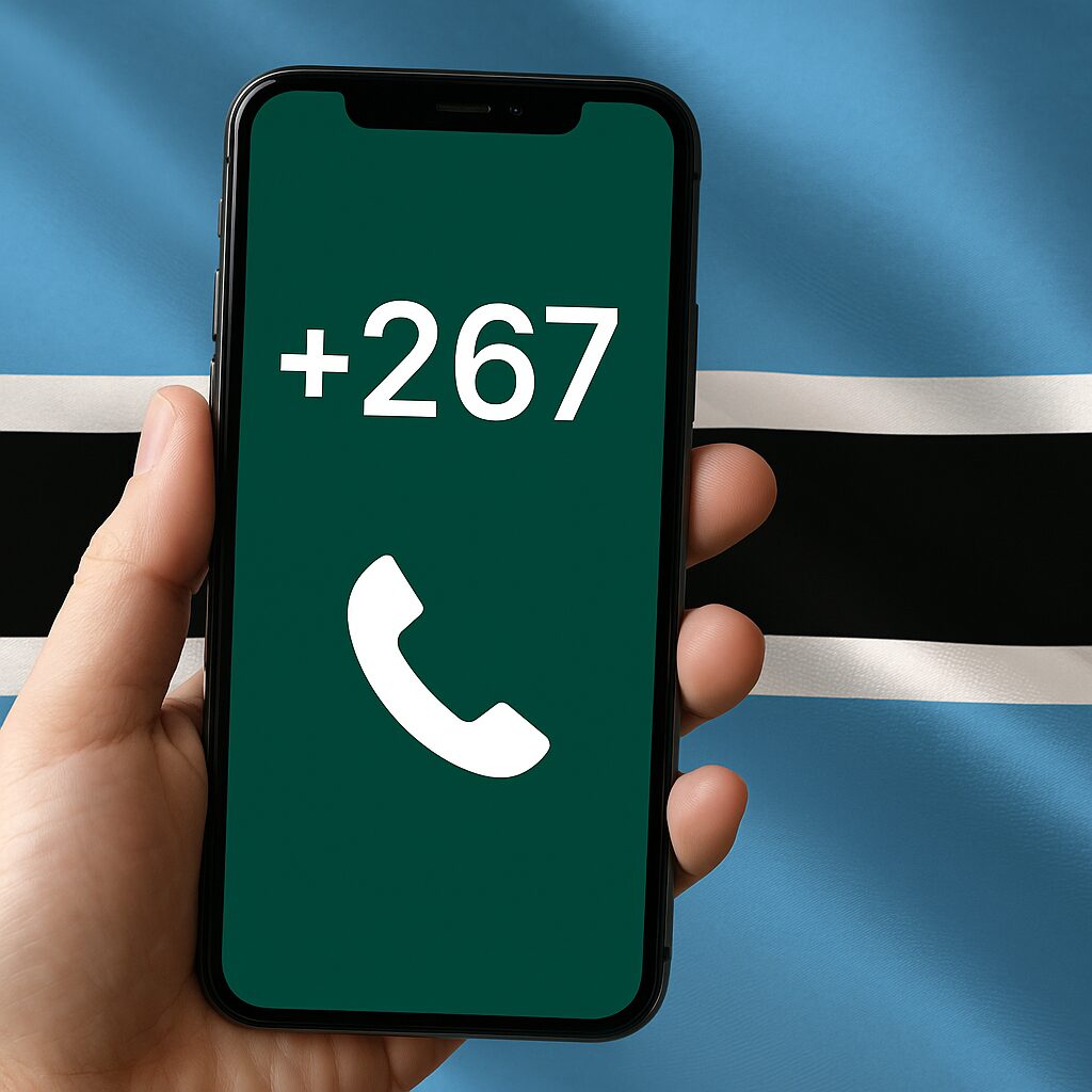 スマートフォンに+267が表示され、背景にボツワナ国旗がある通話イメージ