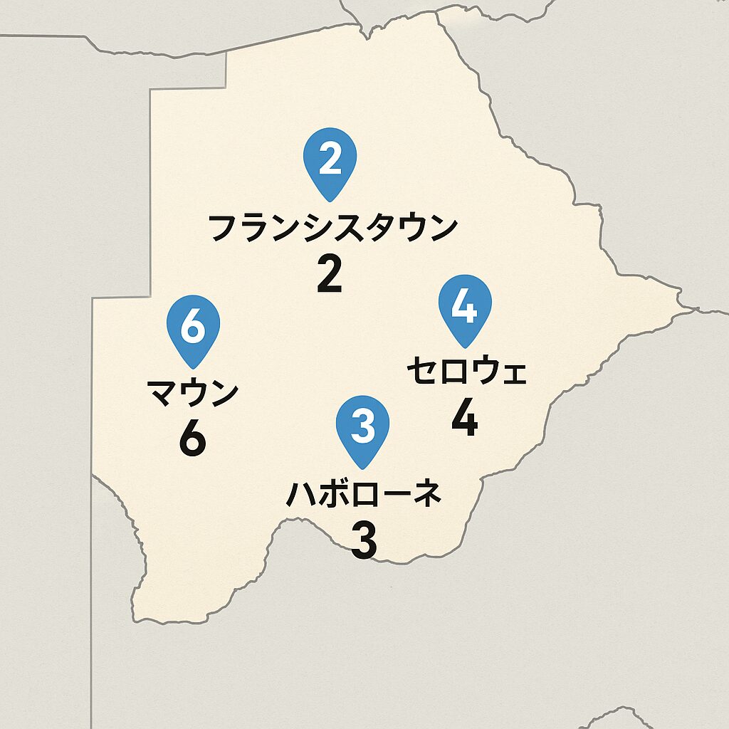 ボツワナの地図に主要都市(ハボローネ・フランシスタウン・セロウェ・マウン)の位置と市外局番を示す図。