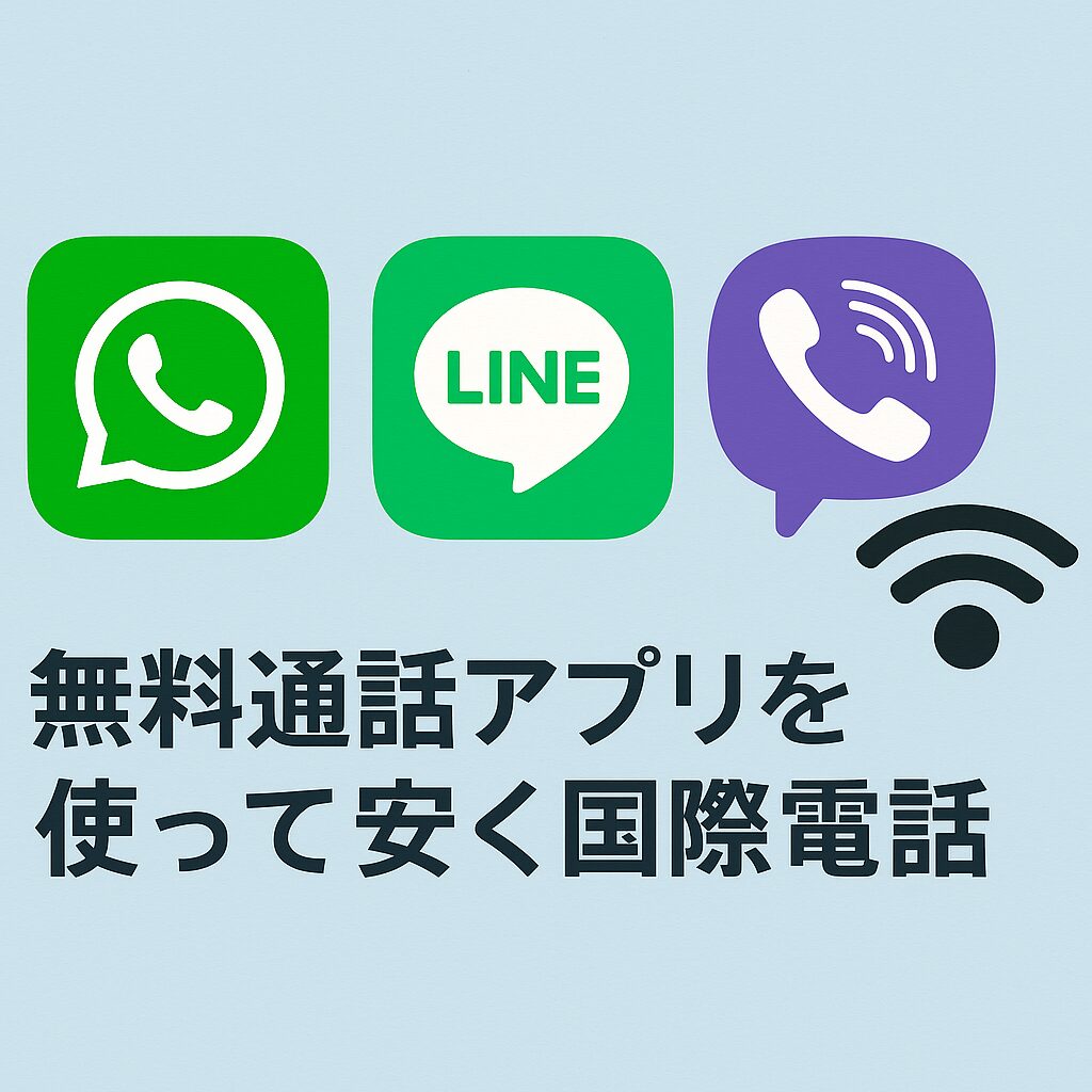 WhatsApp・LINE・ViberのアイコンとWi-Fiマークのイメージ画像。無料通話アプリを使って国際電話の料金を節約している様子。