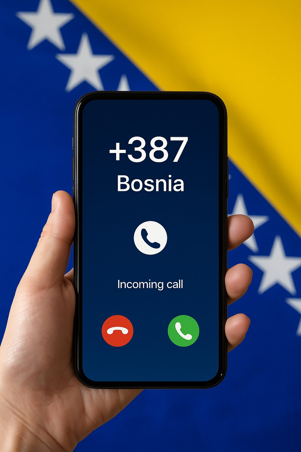 スマートフォン画面に+387が表示され、背景にボスニア・ヘルツェゴビナ国旗がある通話イメージ