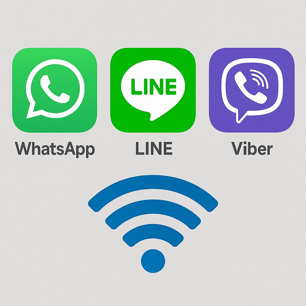 WhatsApp・LINE・Viberなどの無料通話アプリとWi-Fiマークを示すイメージ画像