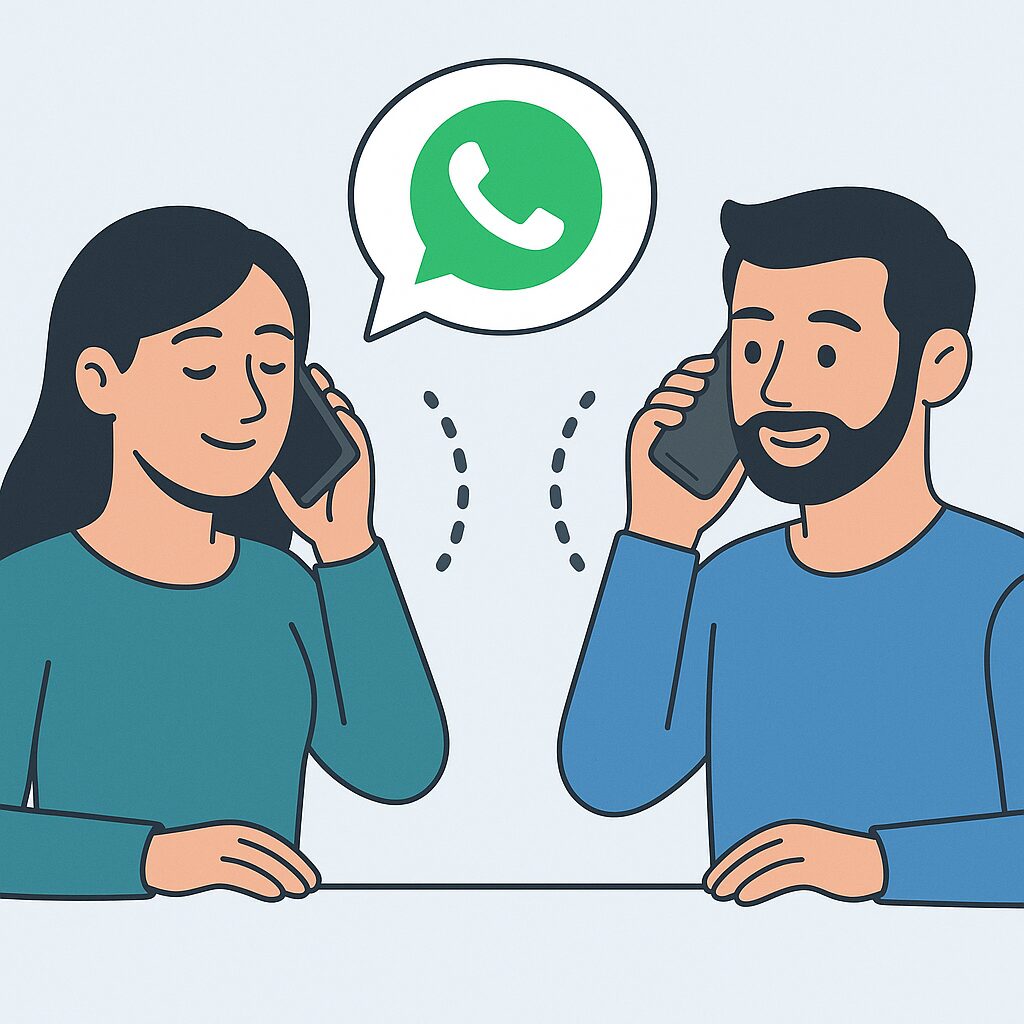 WhatsAppで通話している男女のイラスト。スマホ画面に+507形式の番号が表示されている。