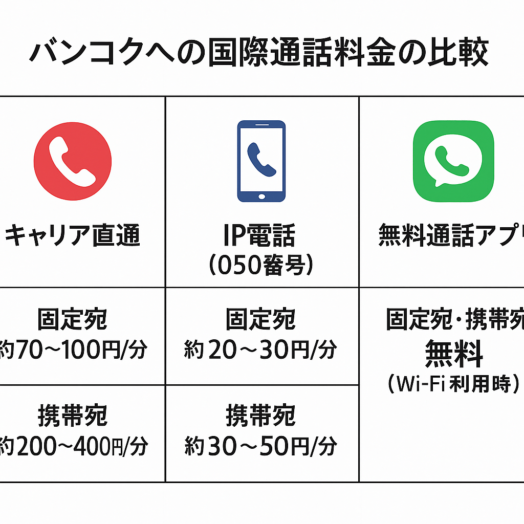 バンコクへの国際通話料金を比較するイメージ図