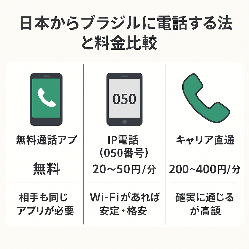 日本からブラジルに電話する方法と料金比較の図(無料通話アプリ・IP電話・キャリア直通の違い)