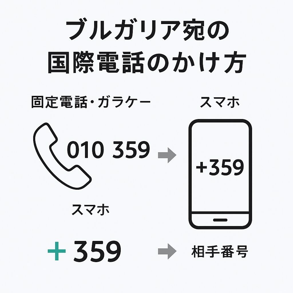 国際電話のかけ方を説明する図(ブルガリア宛)