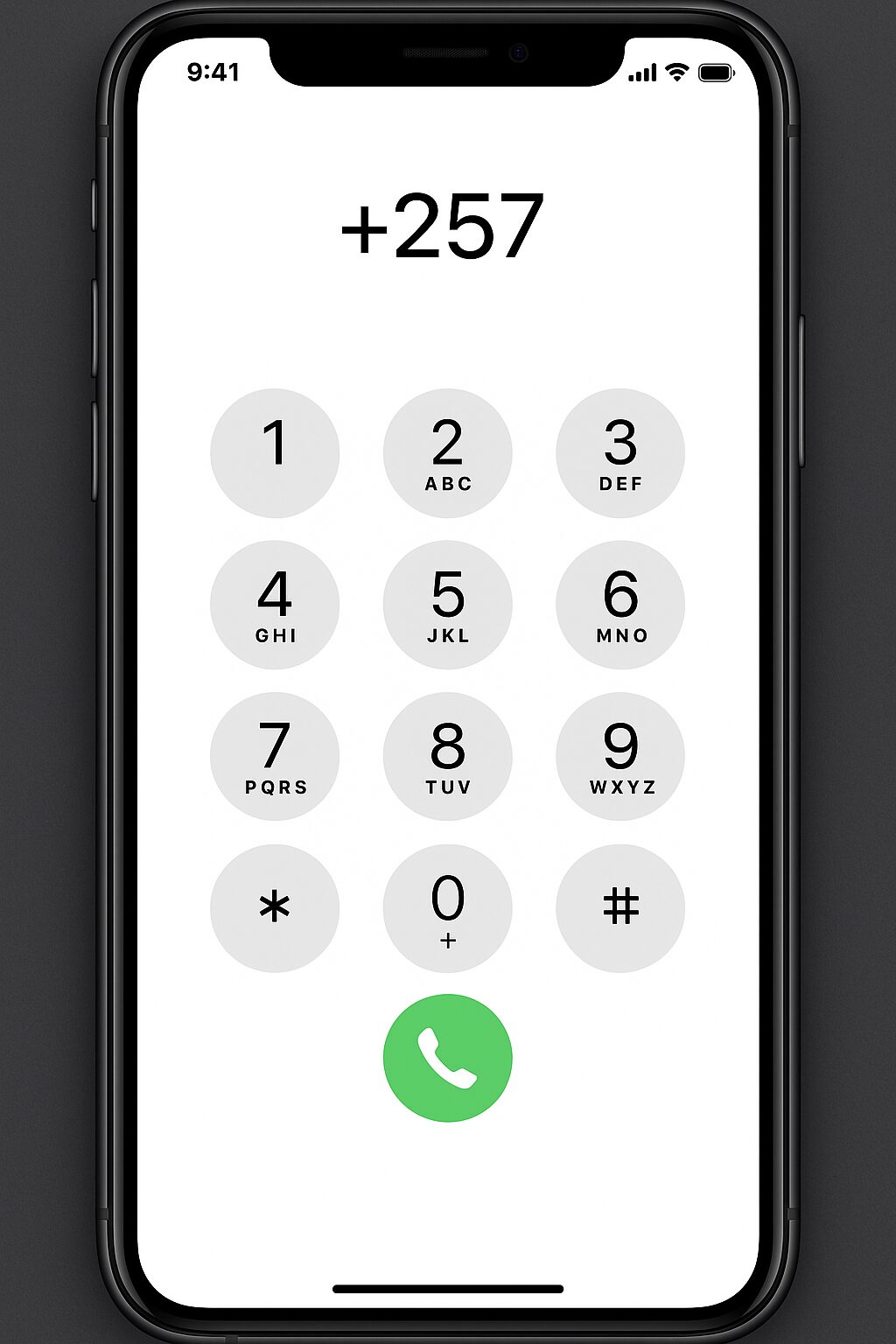 スマートフォンで+257を入力してブルンジに電話をかける操作画面のイメージ